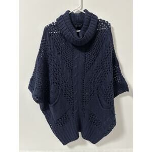 BCBG Max Azria Sweater Womens S/M Cable Knit Poncho Pullover Cowl Neck Wool Blue